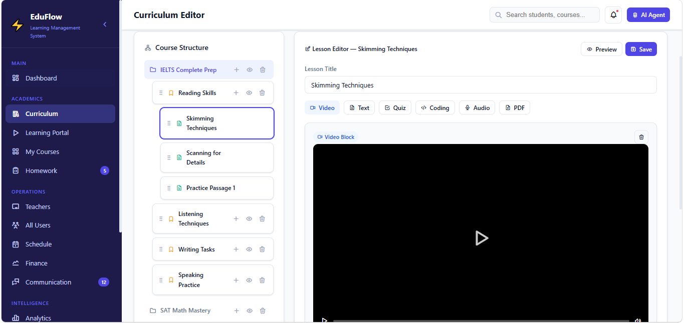 EduFlow Curriculum Editor — building a lesson with video, quiz and text blocks