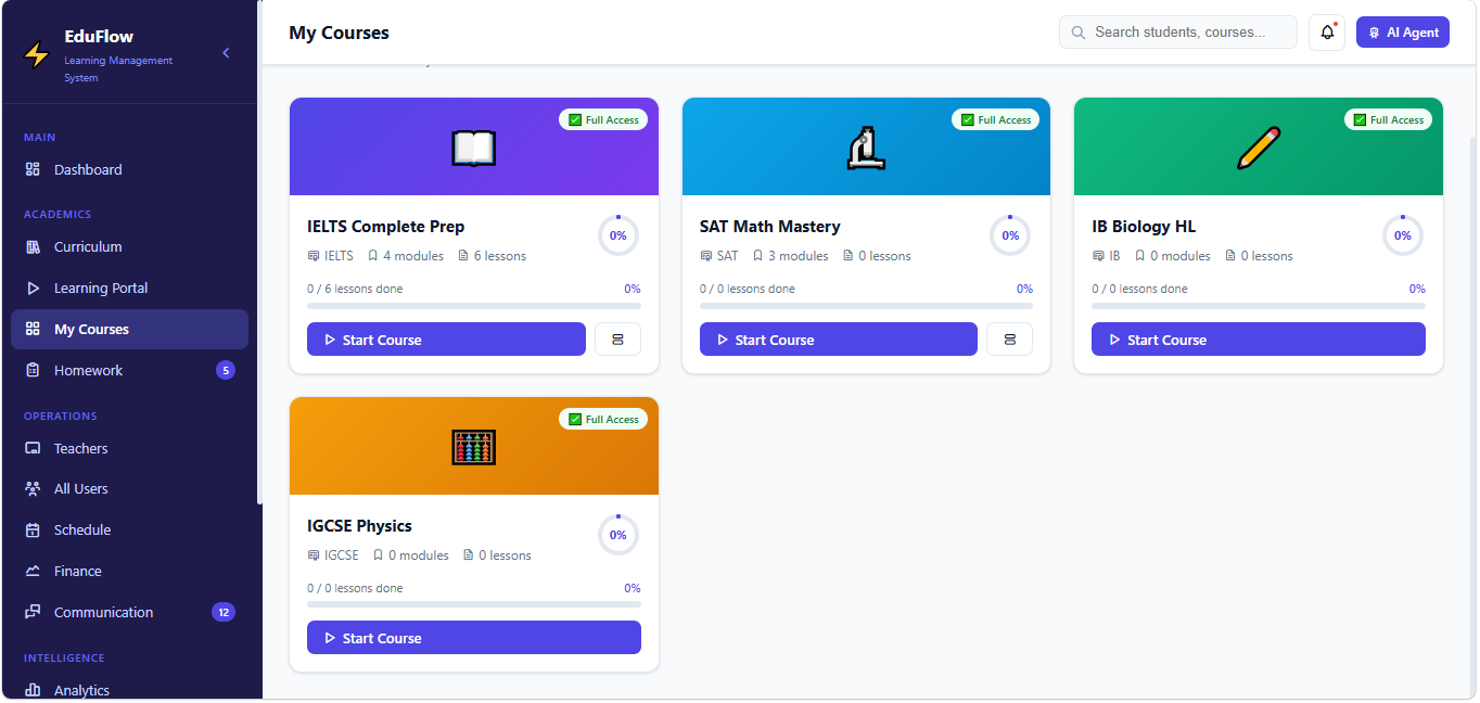 EduFlow My Courses — enrolled course cards with progress tracking